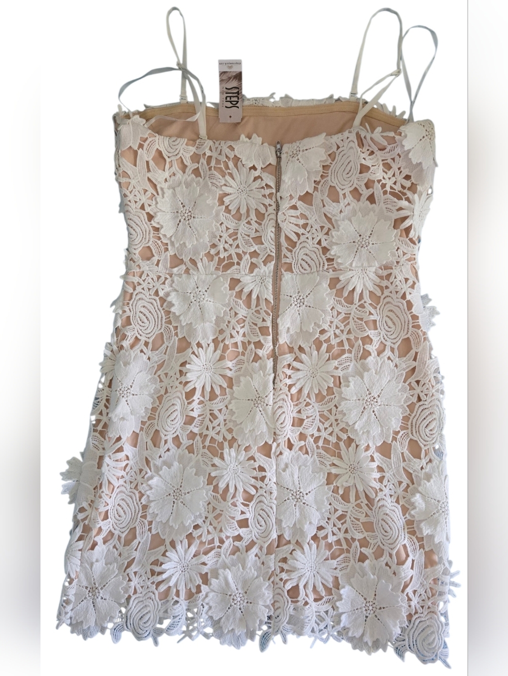 NWT~ Just Me 3D Floral Appliqué Crochet Lace Mini Dress in White/Nude - Picture 8 of 13